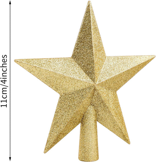 Glittered Christmas Star Tree Topper Christmas Decorative Holiday Treetop Shatterproof Star Ornament for Holiday Christmas Tree Decoration, Gold, 4 Inch