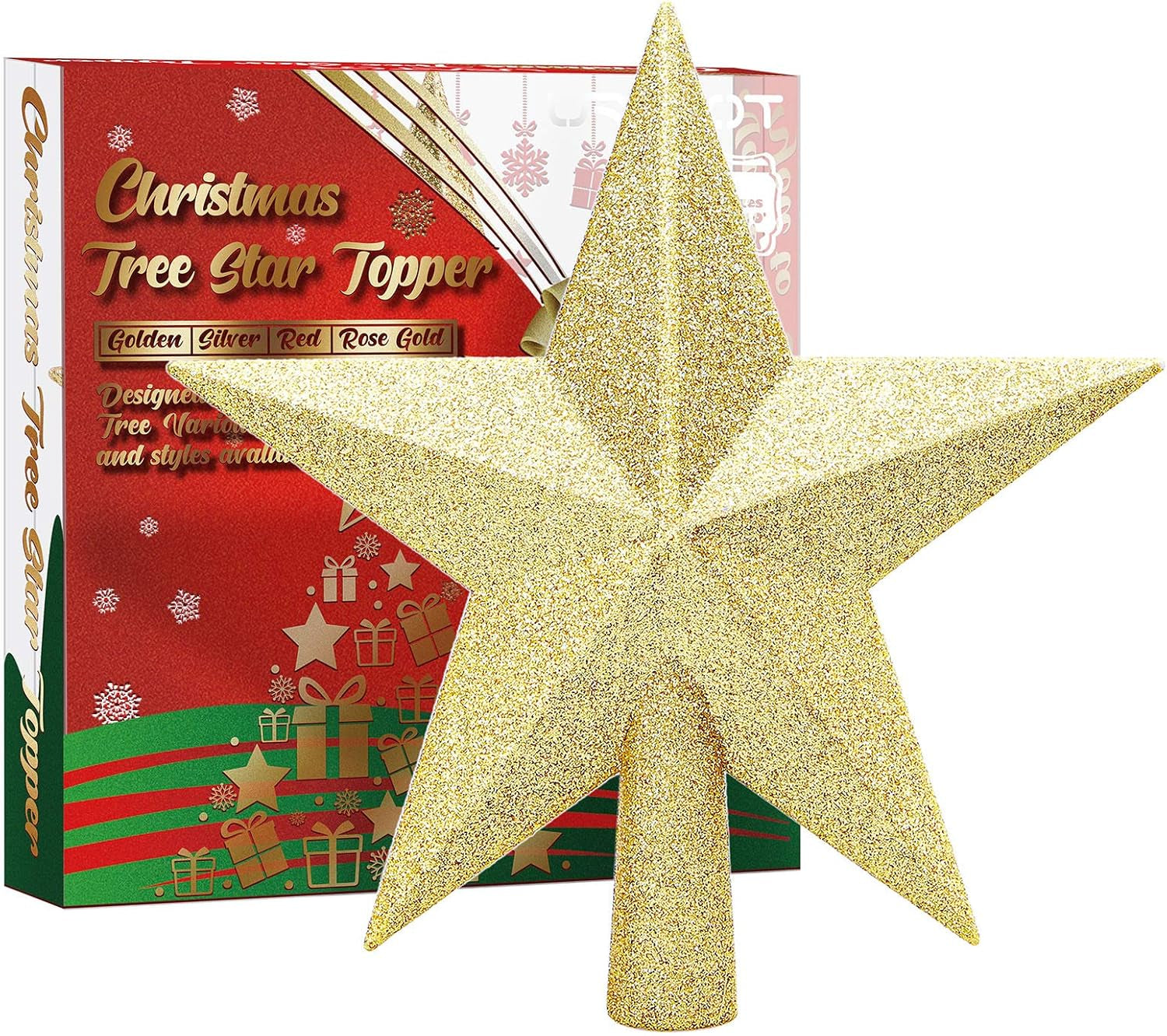 Glittered Christmas Star Tree Topper Christmas Decorative Holiday Treetop Shatterproof Star Ornament for Holiday Christmas Tree Decoration, Gold, 4 Inch