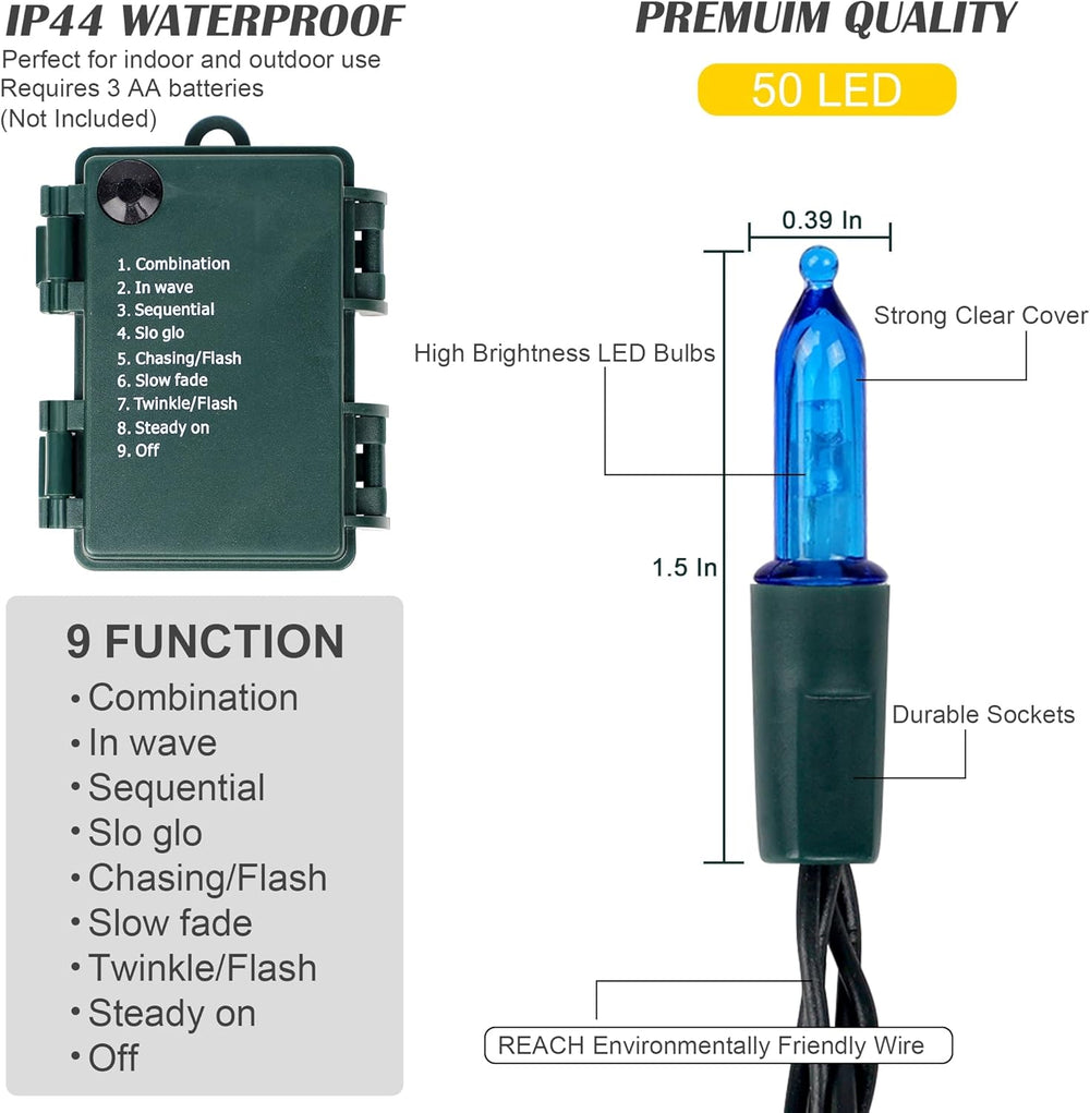 Christmas Lights, 50-Count Green Wire Light Set, Battery Operated Christmas Mini String Light with 8 Modes, 16 Ft Fairy Lights for Christmas Tree Garden Wreath Decorations (1 Pack, Multicolor)