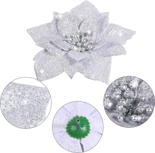 24 Pieces Glitter Poinsettia Artificial Christmas Flowers Poinsettia Decorations Wedding Christmas Tree Ornaments, 3/4/6 Inches (Silver)