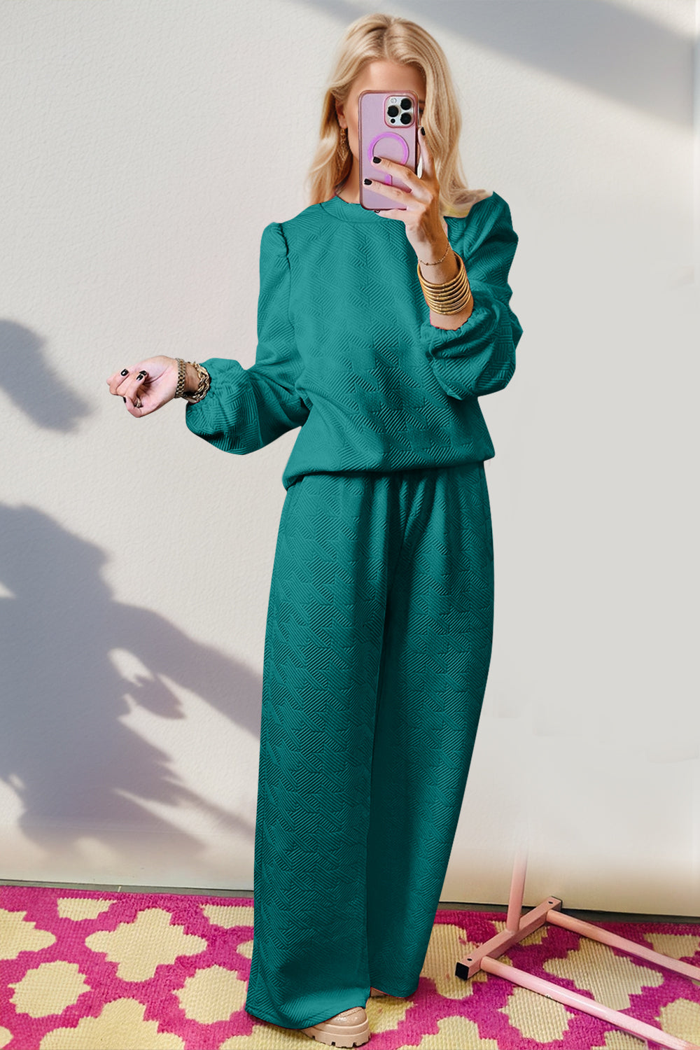 Double Take Texture Long Sleeve Top and Wide Leg Pants Set