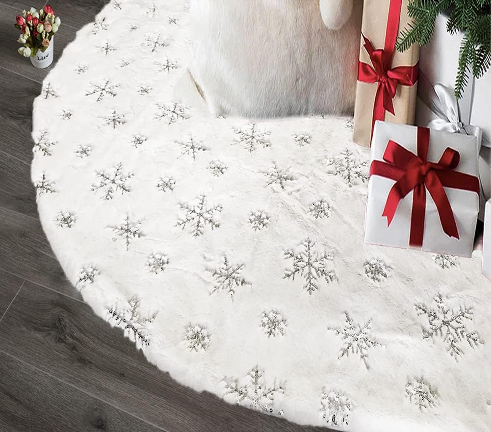 48 Inch Sequin Faux Fur Christmas Tree Skirt Decoration for Merry Christmas Party White Plush Silver Sequin Snowflake Xmas Christmas Tree Skirt Decorations