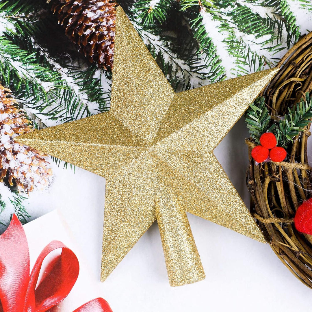 Glittered Christmas Star Tree Topper Christmas Decorative Holiday Treetop Shatterproof Star Ornament for Holiday Christmas Tree Decoration, Gold, 4 Inch